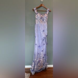 NWT Elegant Lavender Floral Gown Split Hem, 3D Floral Appliqués over Lace- Small